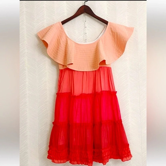 BEULAH Tiered Summer Dress Pink Orange Collar - Picture 1 of 5